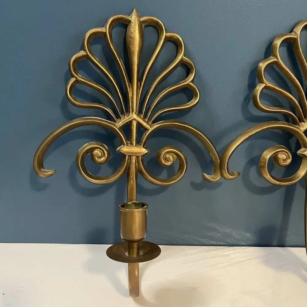 Solid Brass Wall Mounted Sconces Pair Scroll Design 90’s Single Candlestick